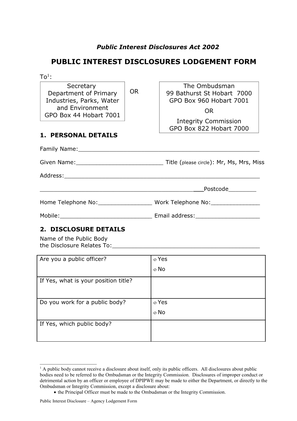 Public Interest Disclosure Lodgement Form