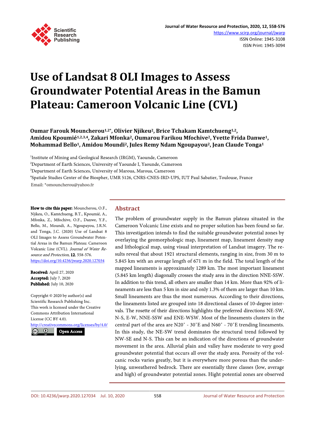 Use of Landsat 8 OLI Images to Assess Groundwater Potential Areas in the Bamun Plateau: Cameroon Volcanic Line (CVL)