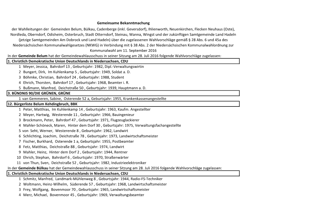 In Der Gemeinde Belum Hat Der Gemeindewahlausschuss in Seiner Sitzung Am 28