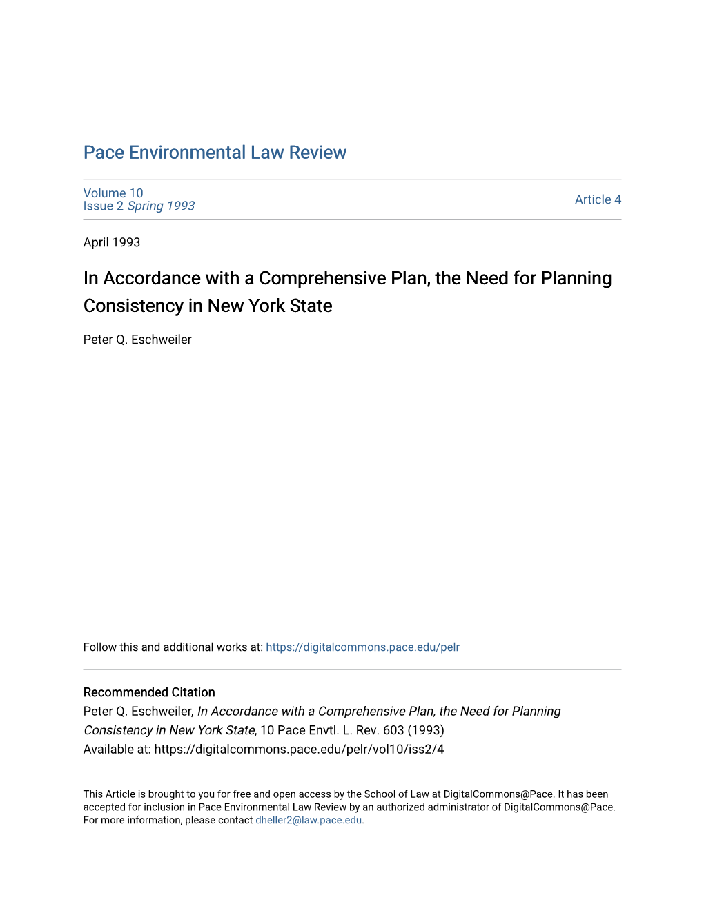 In Accordance with a Comprehensive Plan, the Need for Planning Consistency in New York State