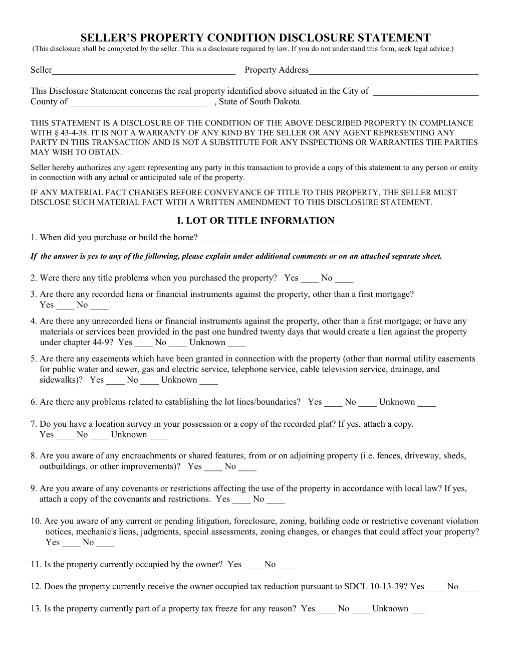 Seller S Property Condition Disclosure Statement