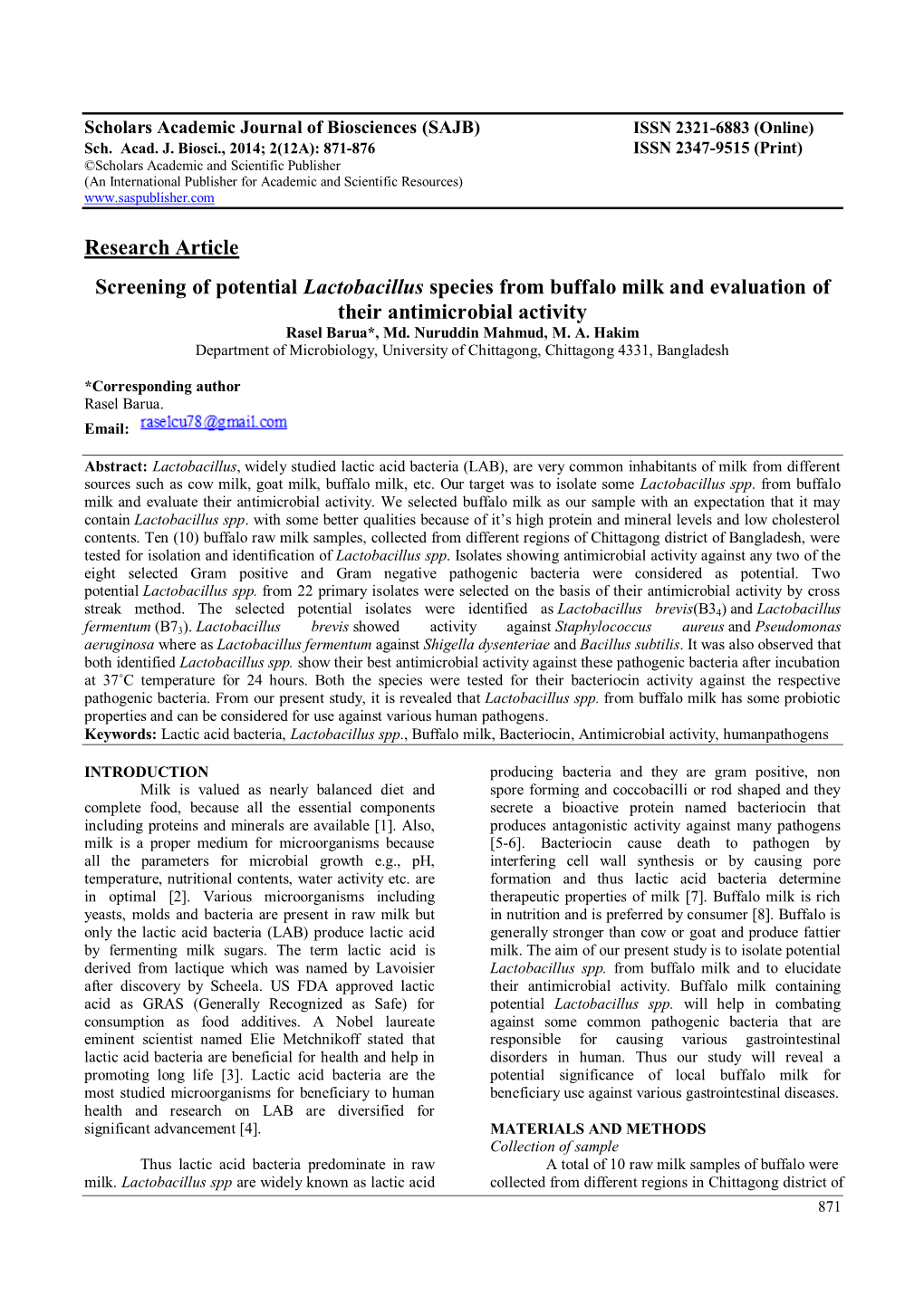 Research Article Screening of Potential Lactobacillus Species from Buffalo Milk and Evaluation of Their Antimicrobial Activity