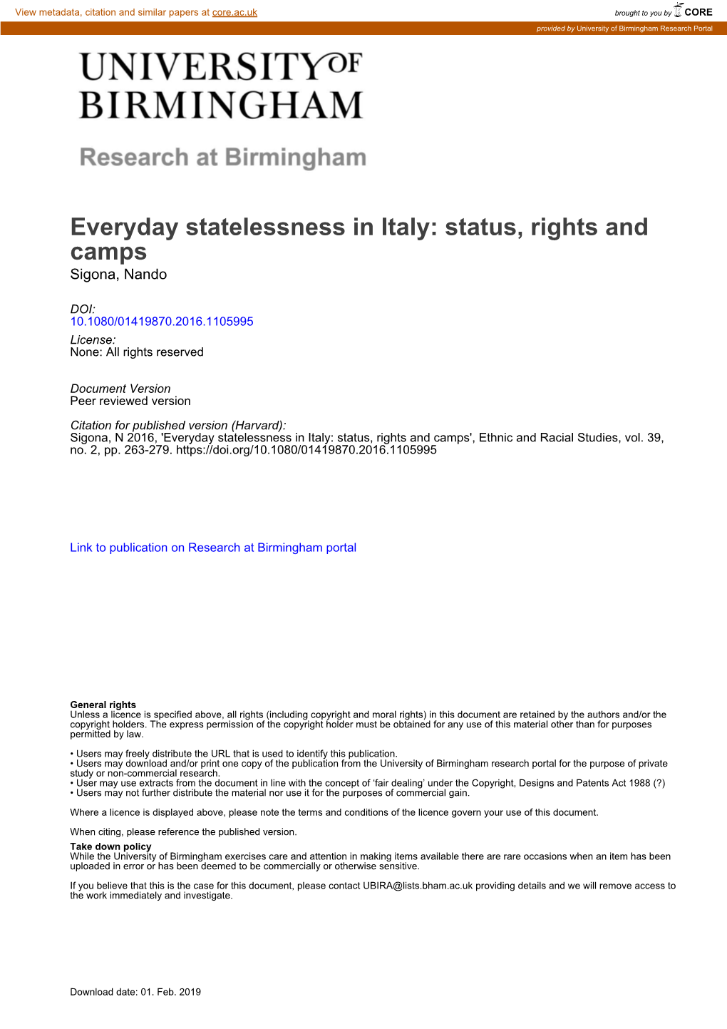 Everyday Statelessness in Italy: Status, Rights and Camps Sigona, Nando