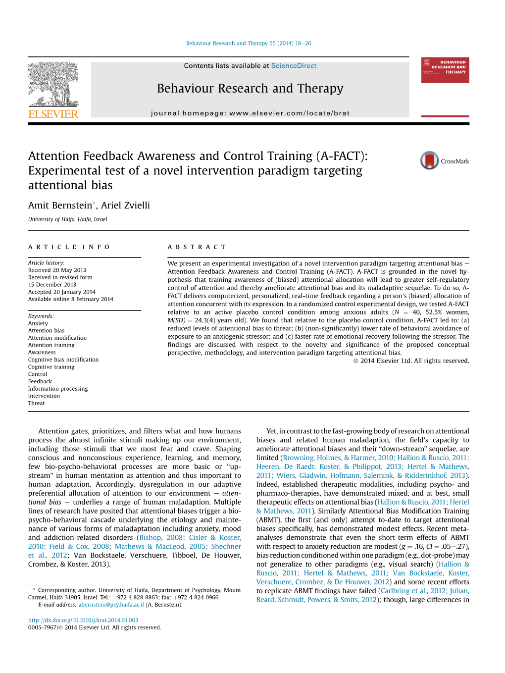 Attention Feedback Awareness and Control Training (A-FACT): Experimental Test of a Novel Intervention Paradigm Targeting Attentional Bias