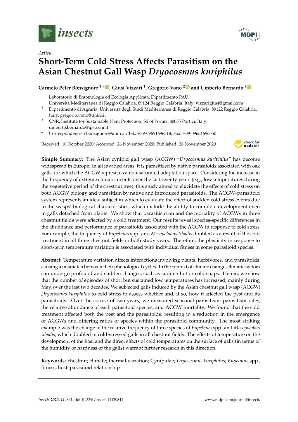 Short-Term Cold Stress Affects Parasitism on the Asian Chestnut