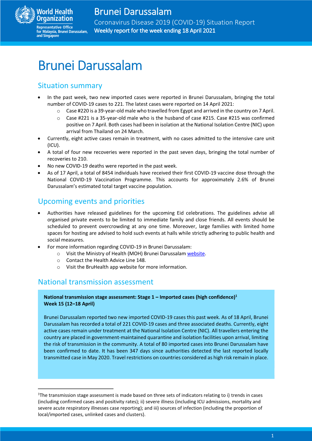 Brunei Darussalam Coronavirus Disease 2019 (COVID-19) Situation Report Weekly Report for the Week Ending 18 April 2021