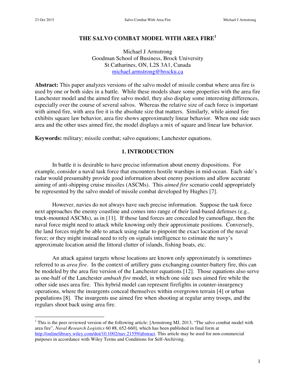 THE SALVO COMBAT MODEL with AREA FIRE Michael J Armstrong