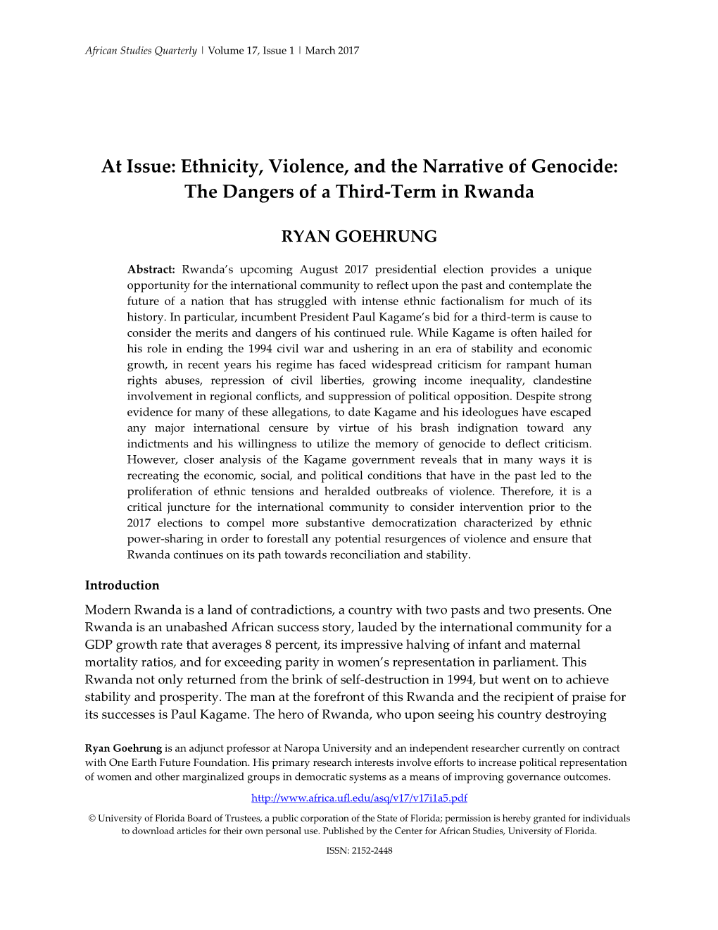 Ethnicity, Violence, and the Narrative of Genocide: the Dangers of a Third-Term in Rwanda