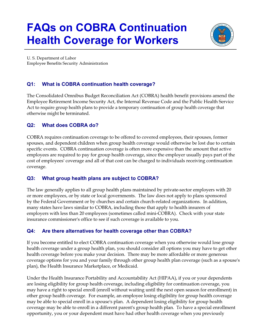 COBRA Continuation Health Coverage for Workers