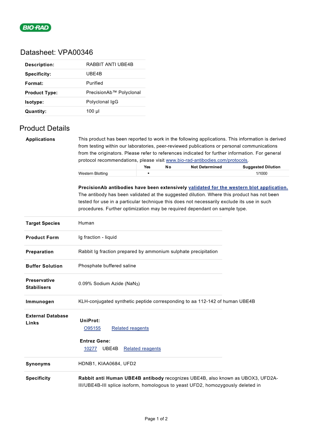 Datasheet: VPA00346 Product Details