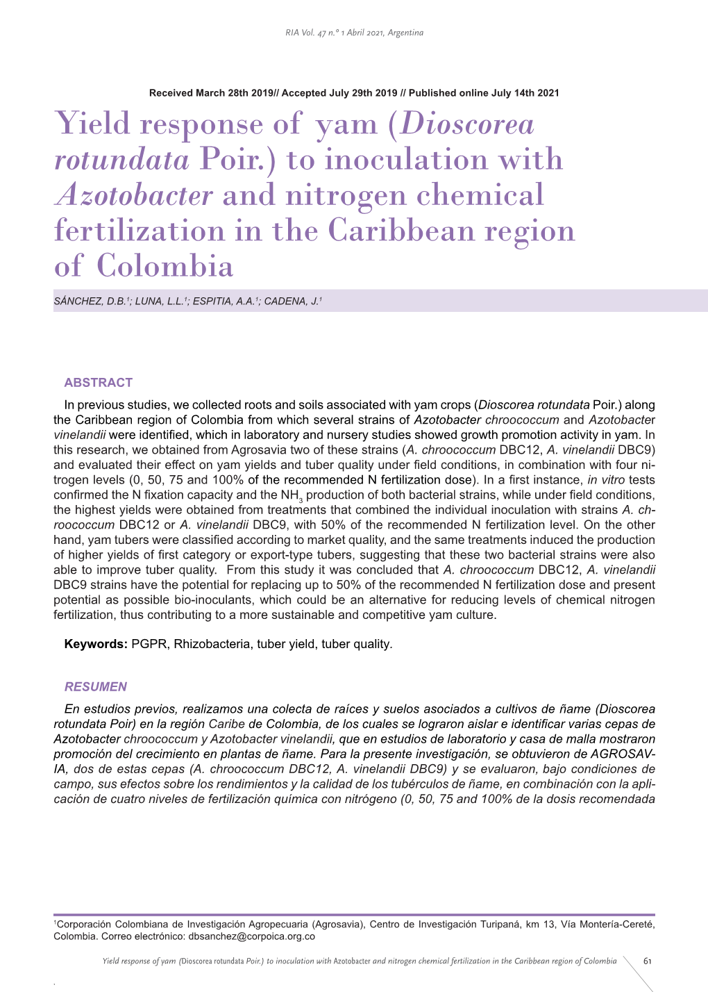 Yield Response of Yam (Dioscorea Rotundata Poir.) to Inoculation with Azotobacter and Nitrogen Chemical Fertilization in the Caribbean Region of Colombia