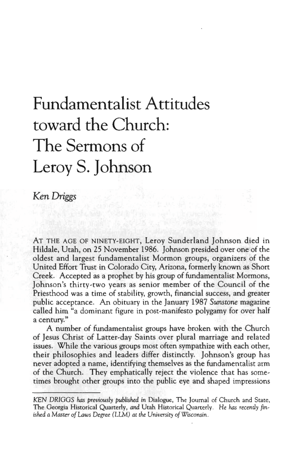 Fundamentalist Attitudes Toward the Church: the Sermons of Leroy S- Johnson