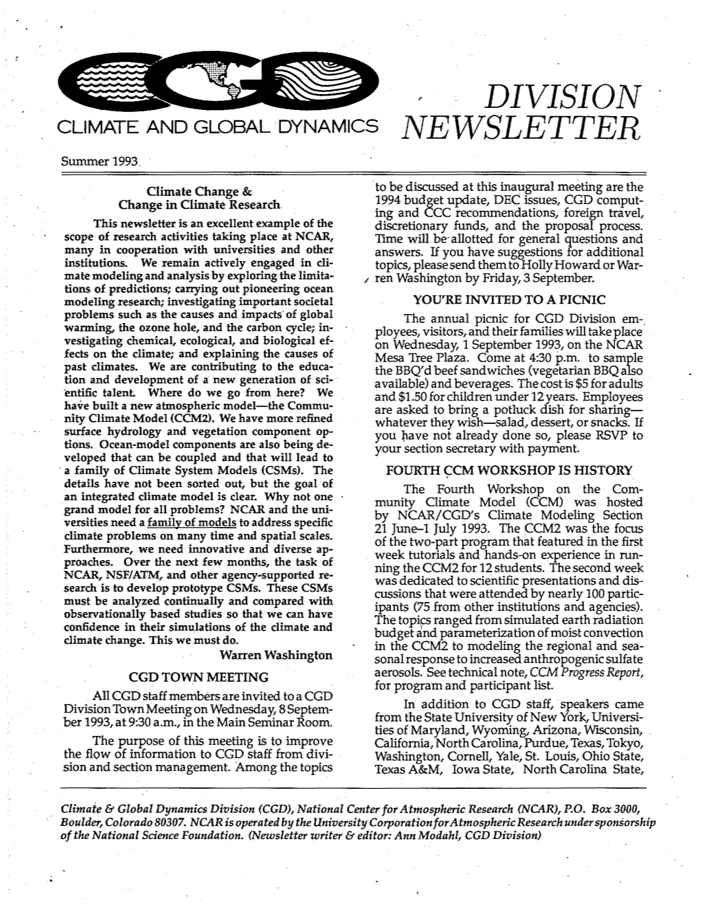 CLIMATE and GLOBAL DYNAMICS NEWSLETTER Summer 1993