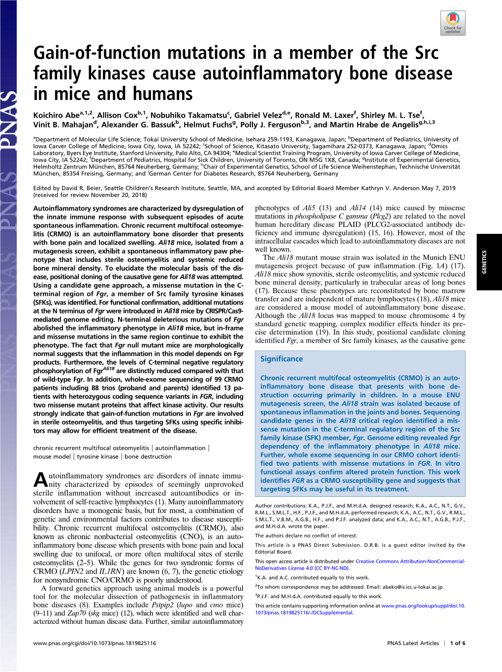 Gain-Of-Function Mutations in a Member of the Src Family Kinases Cause Autoinflammatory Bone Disease in Mice and Humans