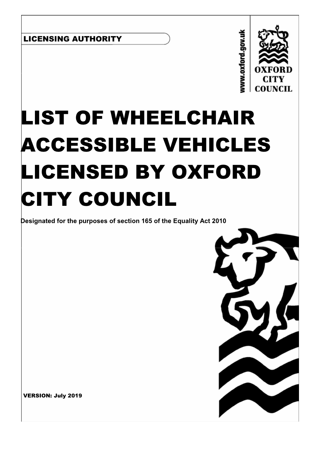 List of Wheelchair Accessible Vehicles Licensed by Oxford City Council