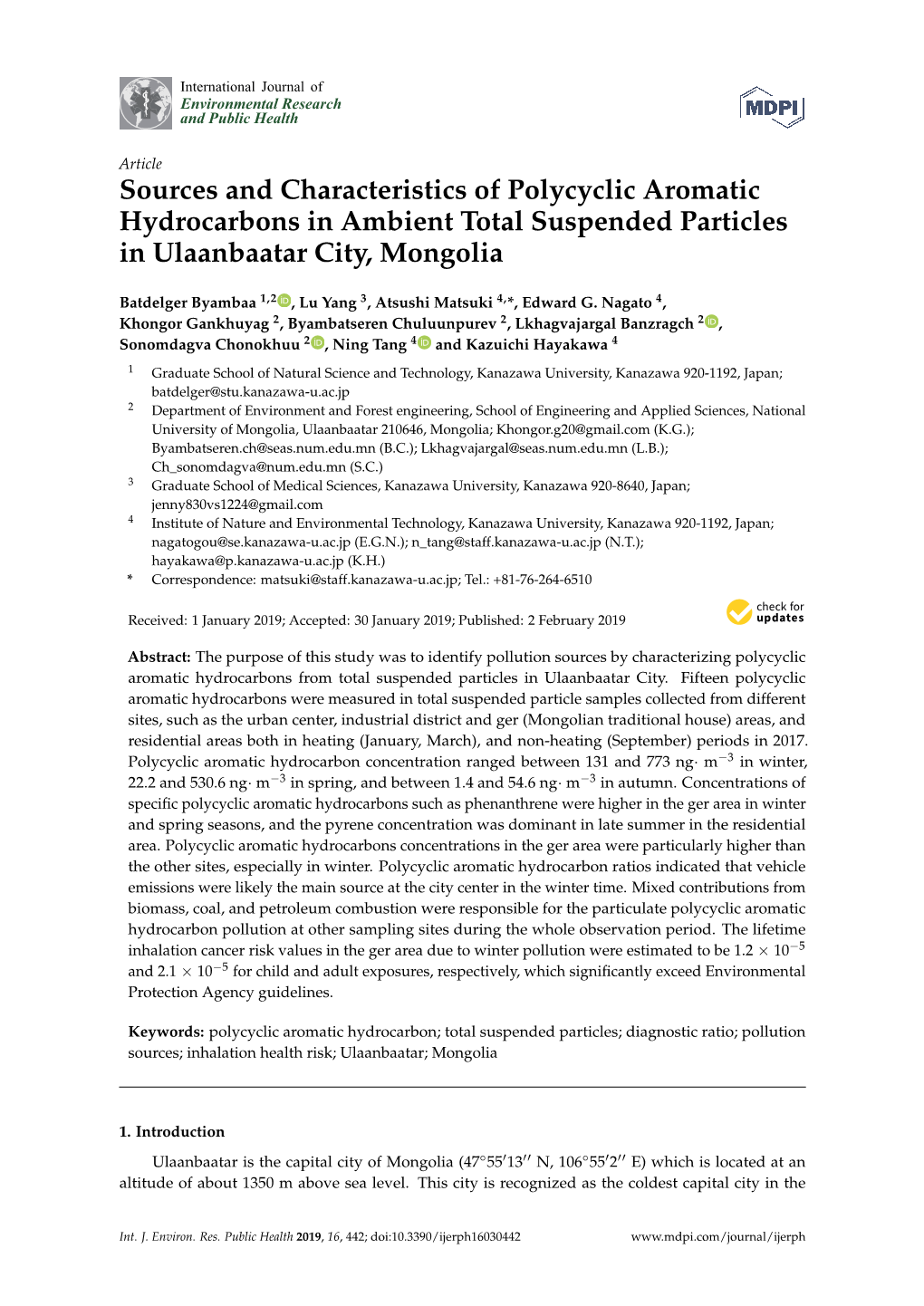 Sources and Characteristics of Polycyclic Aromatic Hydrocarbons in Ambient Total Suspended Particles in Ulaanbaatar City, Mongolia