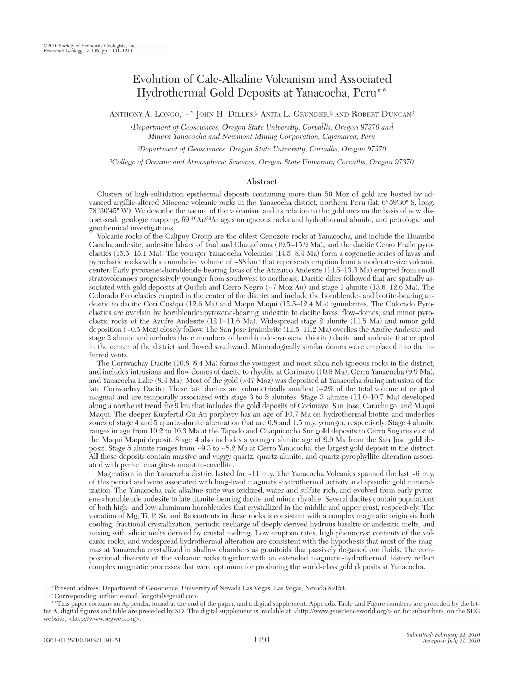 Evolution of Calc-Alkaline Volcanism and Associated Hydrothermal Gold Deposits at Yanacocha, Peru**