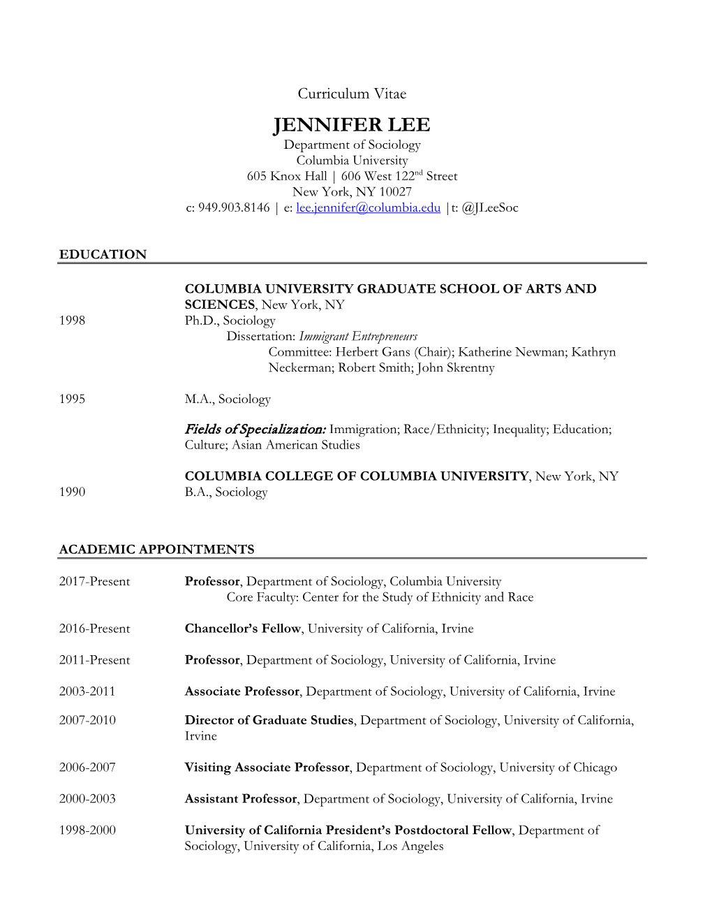 Jennifer Lee Cv