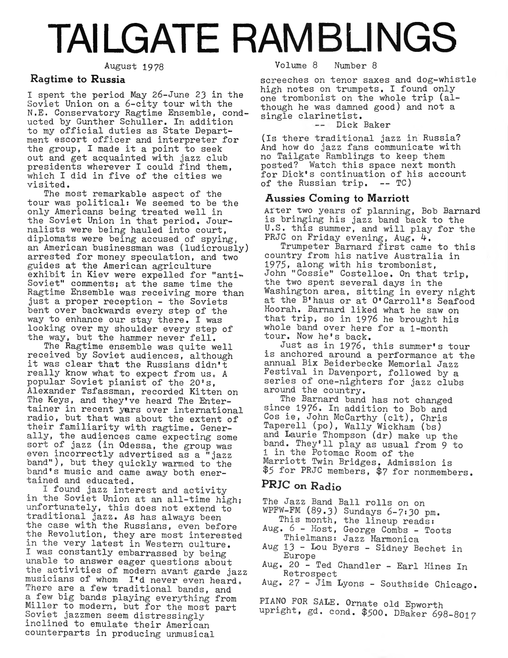 TAILGATE RAM BUNGS August 1978 Volume 8 Number 8 Ragtime to Russia Screeches on Tenor Saxes and Dog-Whistle High Notes on Trumpets