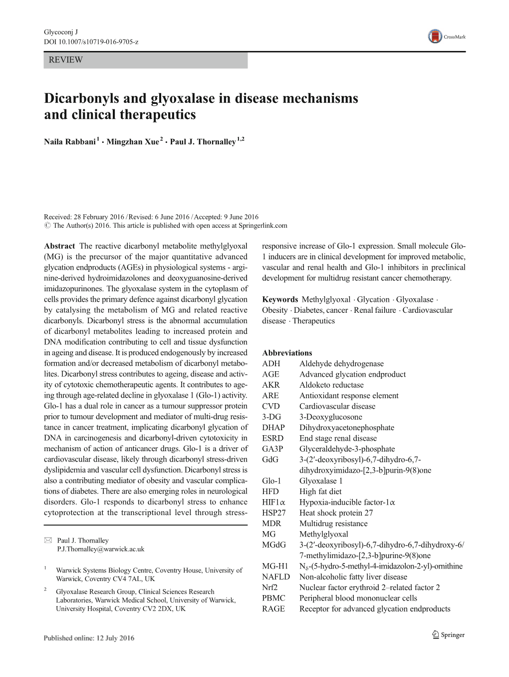 Dicarbonyls and Glyoxalase in Disease Mechanisms and Clinical Therapeutics