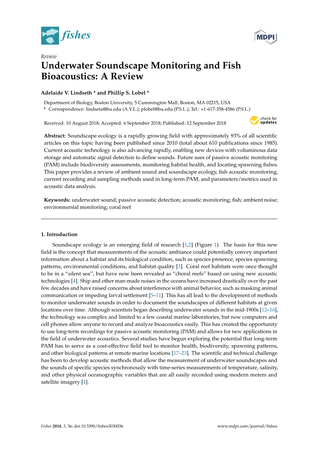 Underwater Soundscape Monitoring and Fish Bioacoustics: a Review