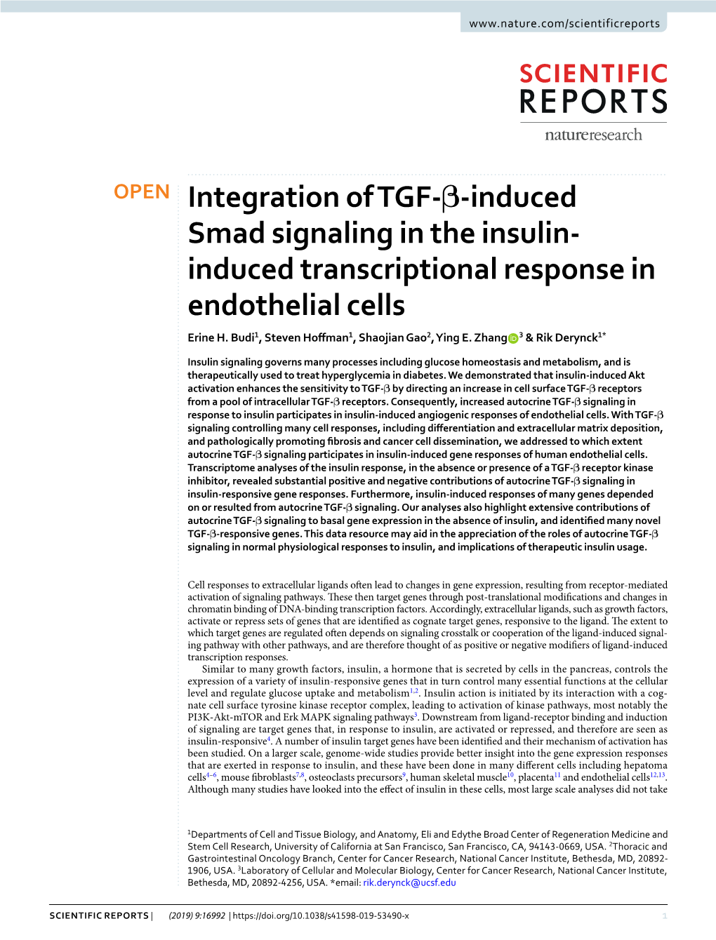 Integration of TGF-Β-Induced Smad Signaling in the Insulin- Induced Transcriptional Response in Endothelial Cells Erine H