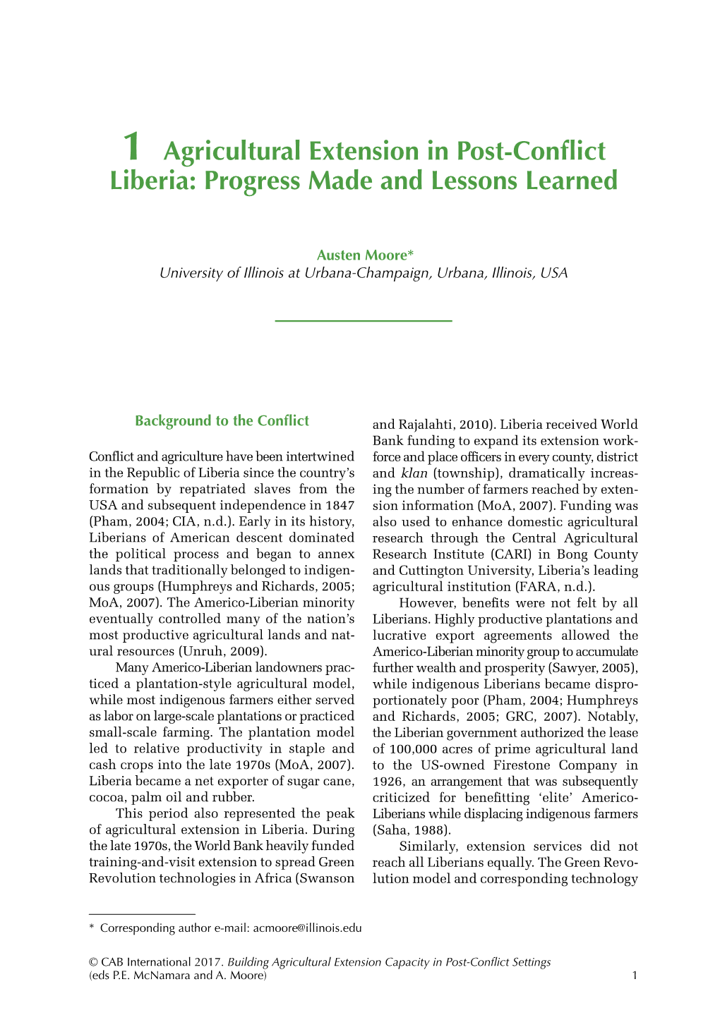 1 Agricultural Extension in Post-Conflict Liberia: Progress Made and Lessons Learned