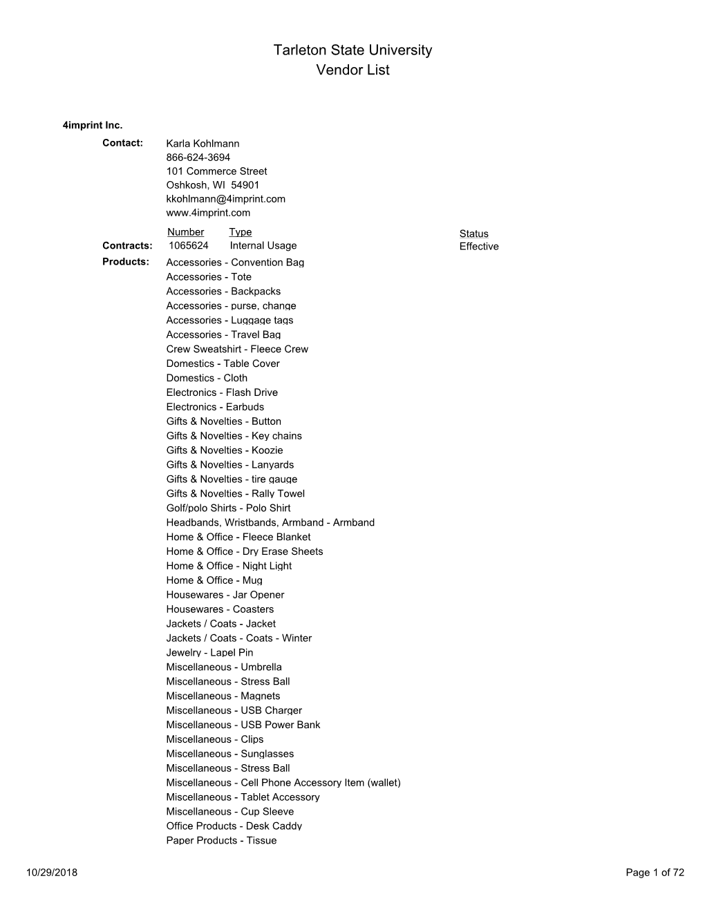 Tarleton State University Vendor List