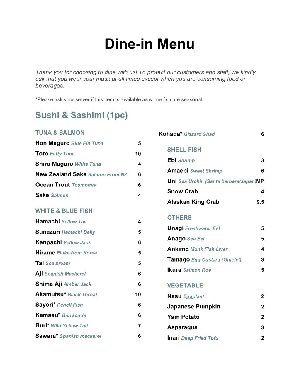 Dine-In Menu