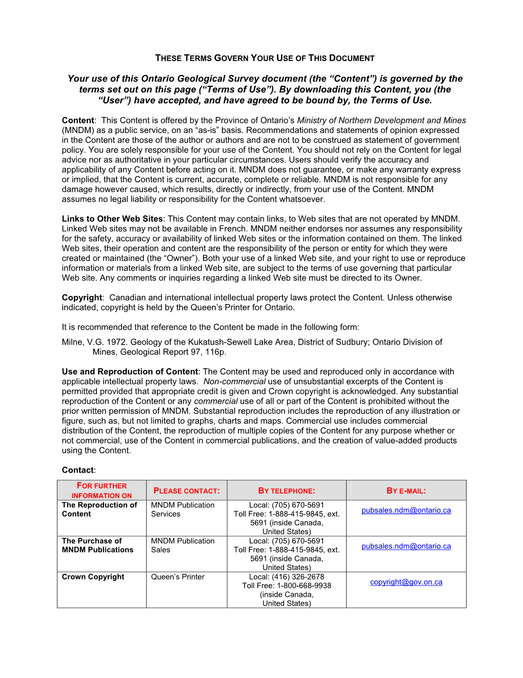 Geology of the Kukatush-Sewell Lake Area, District of Sudbury; Ontario Division of Mines, Geological Report 97, 116P