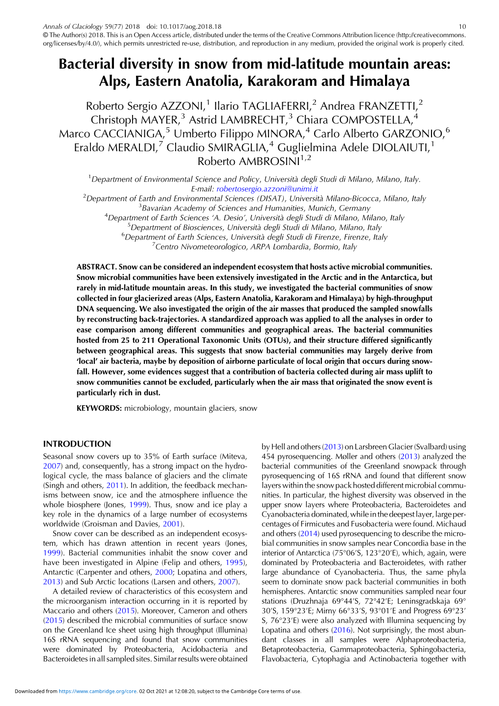 Bacterial Diversity in Snow from Mid-Latitude Mountain Areas: Alps, Eastern Anatolia, Karakoram and Himalaya