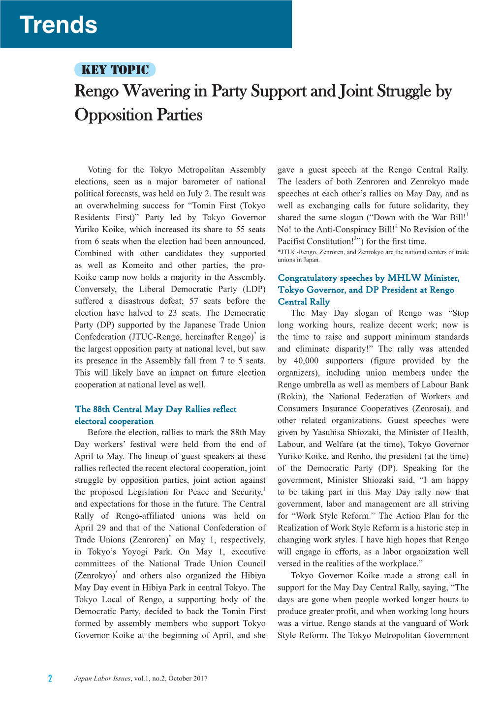 Rengo Wavering in Party Support and Joint Struggle by Opposition Parties, Japan Labor Issues Vol.1 No.2