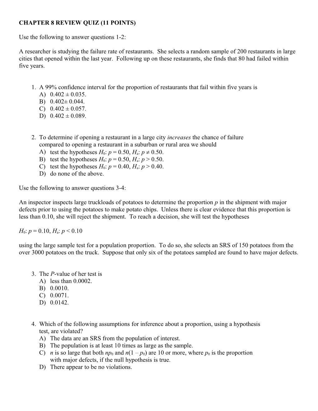 Chapter 8 Review Quiz (11 Points)