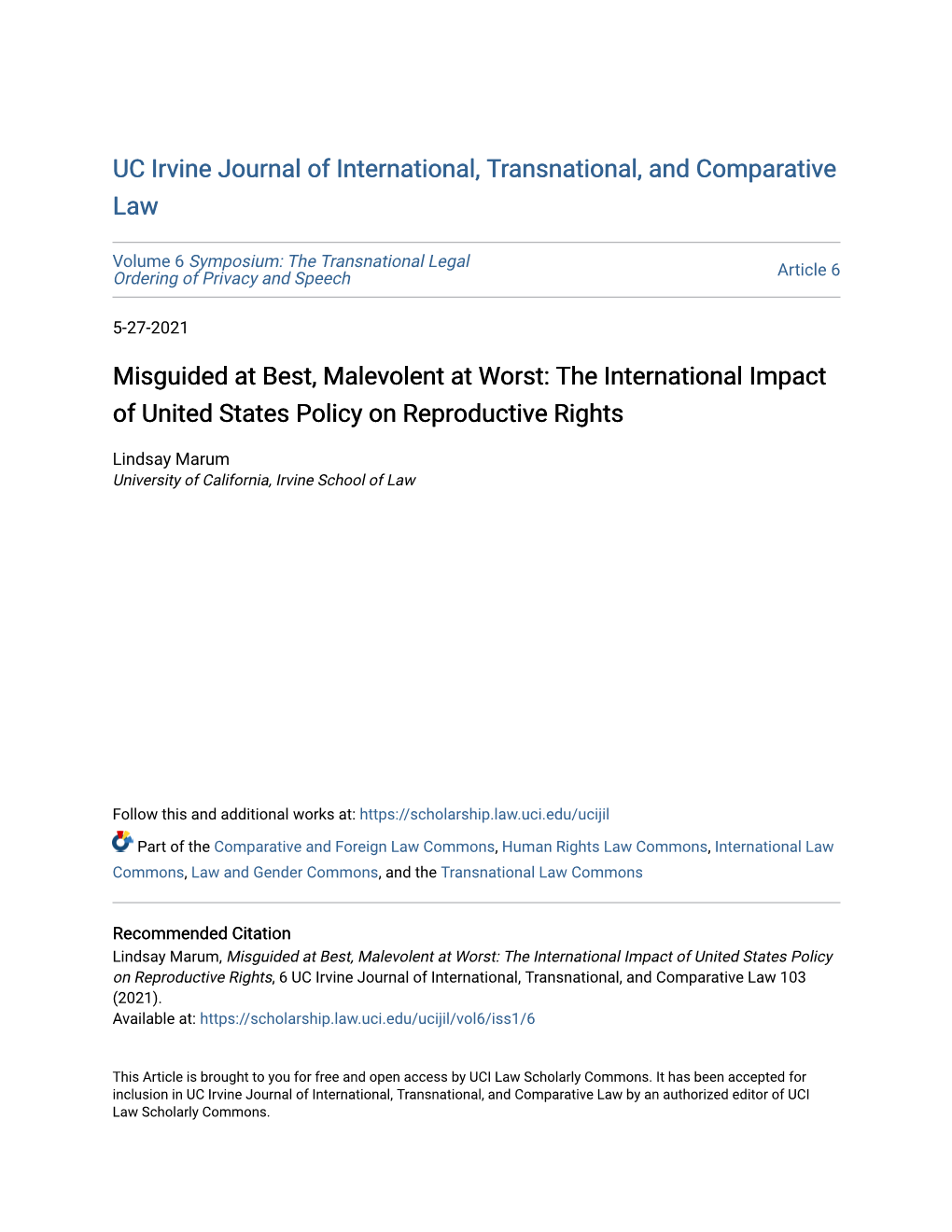 Misguided at Best, Malevolent at Worst: the International Impact of United States Policy on Reproductive Rights