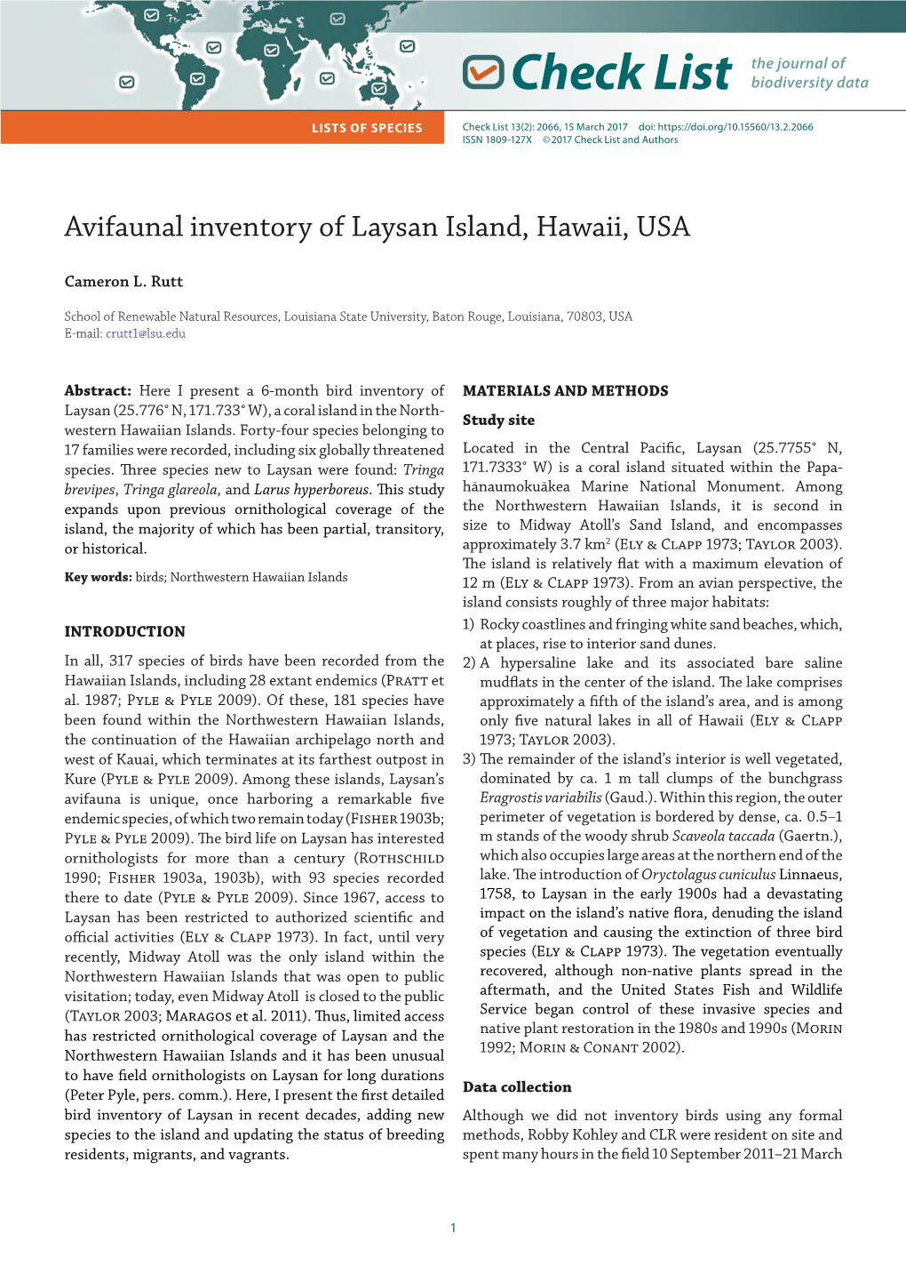 Avifaunal Inventory of Laysan Island, Hawaii, USA