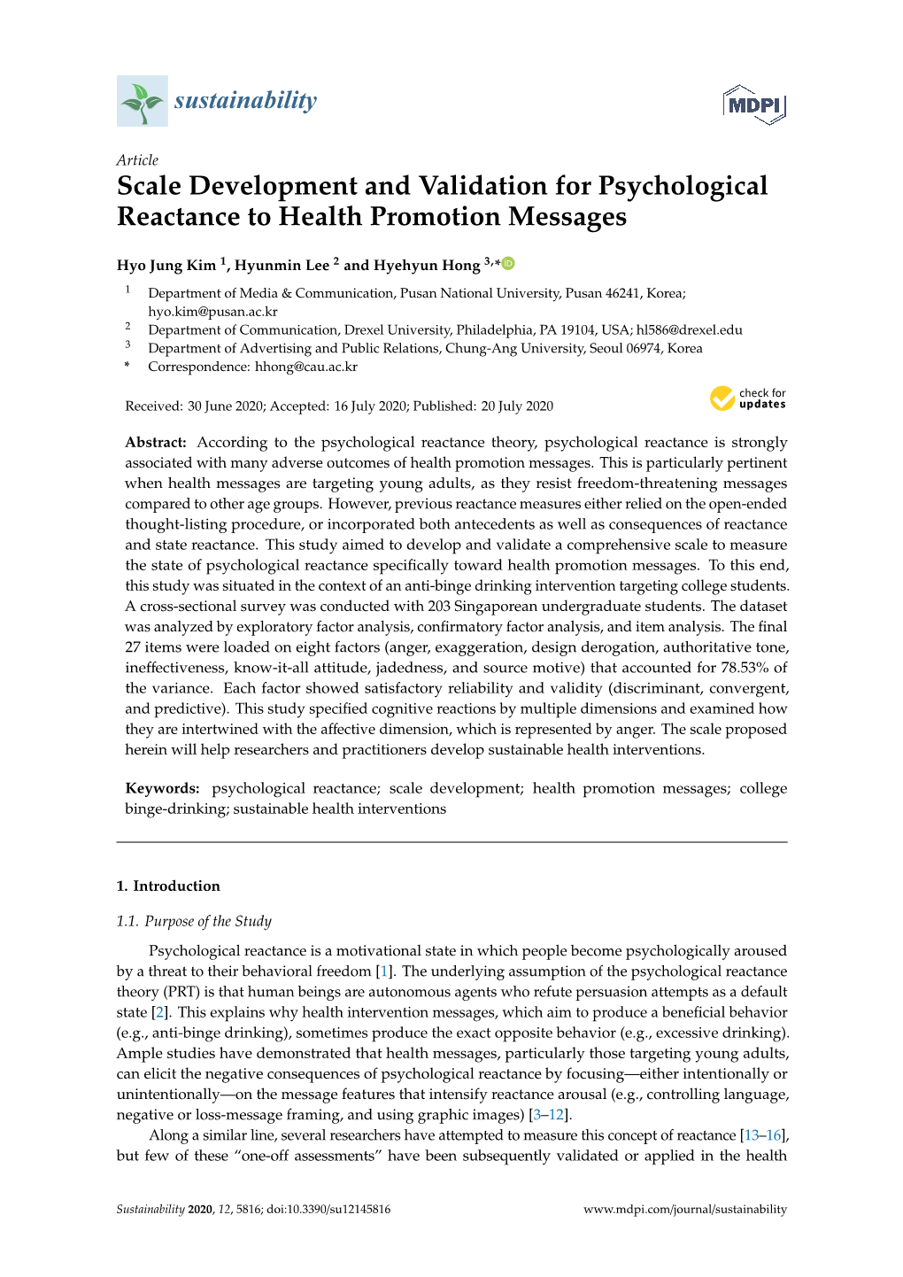 Scale Development and Validation for Psychological Reactance to Health Promotion Messages