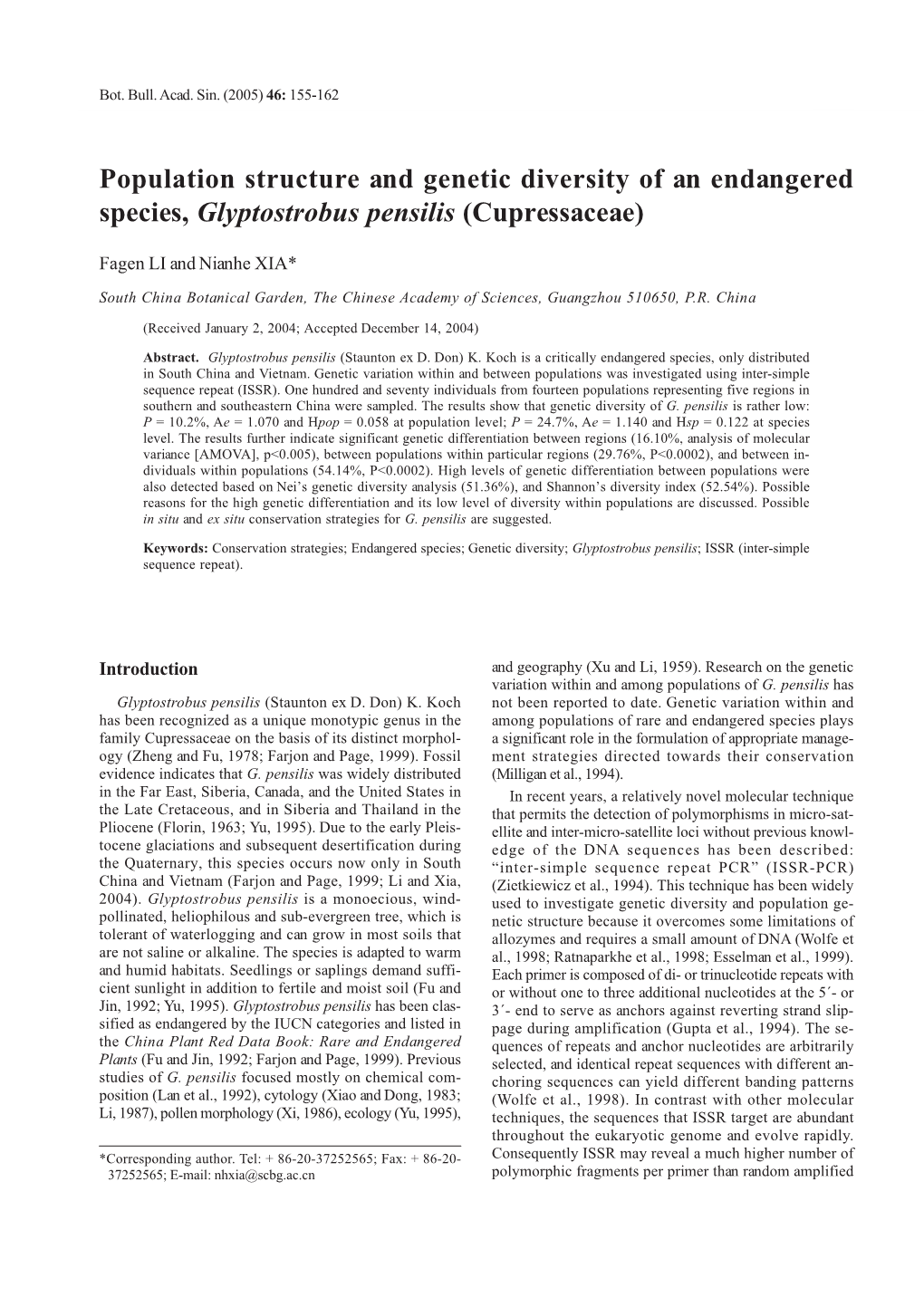 Population Structure and Genetic Diversity of an Endangered Species, Glyptostrobus Pensilis (Cupressaceae)