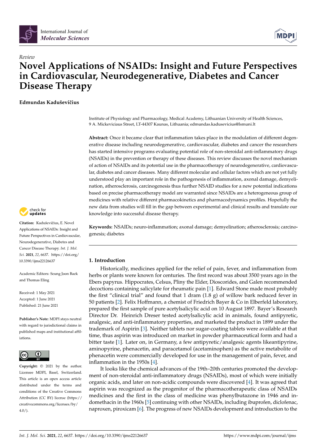 Novel Applications of Nsaids: Insight and Future Perspectives in Cardiovascular, Neurodegenerative, Diabetes and Cancer Disease Therapy