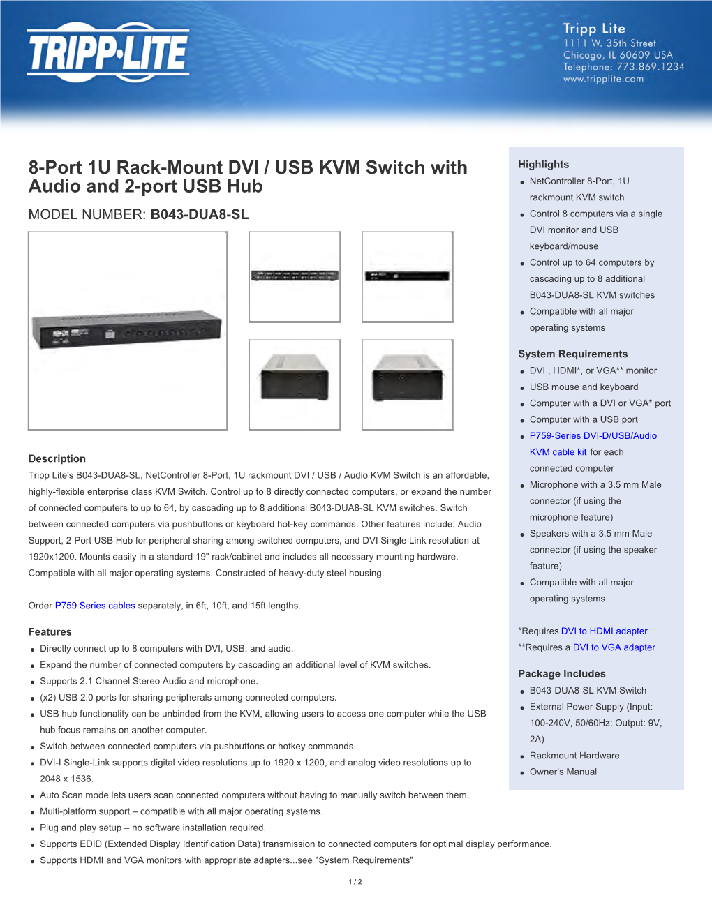 8-Port 1U Rack-Mount DVI / USB KVM Switch with Audio and 2-Port USB