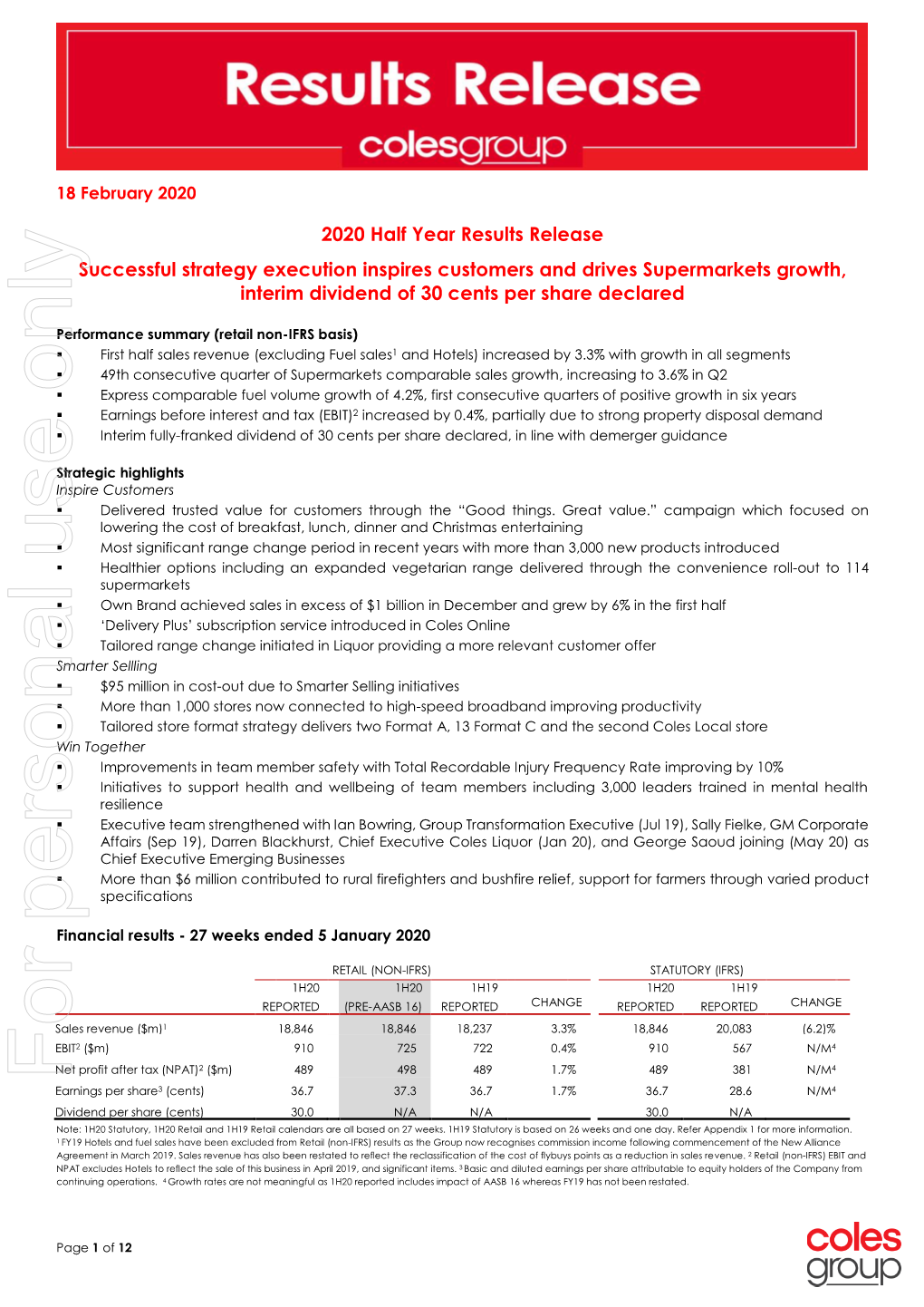Coles Group Results Release 1H20
