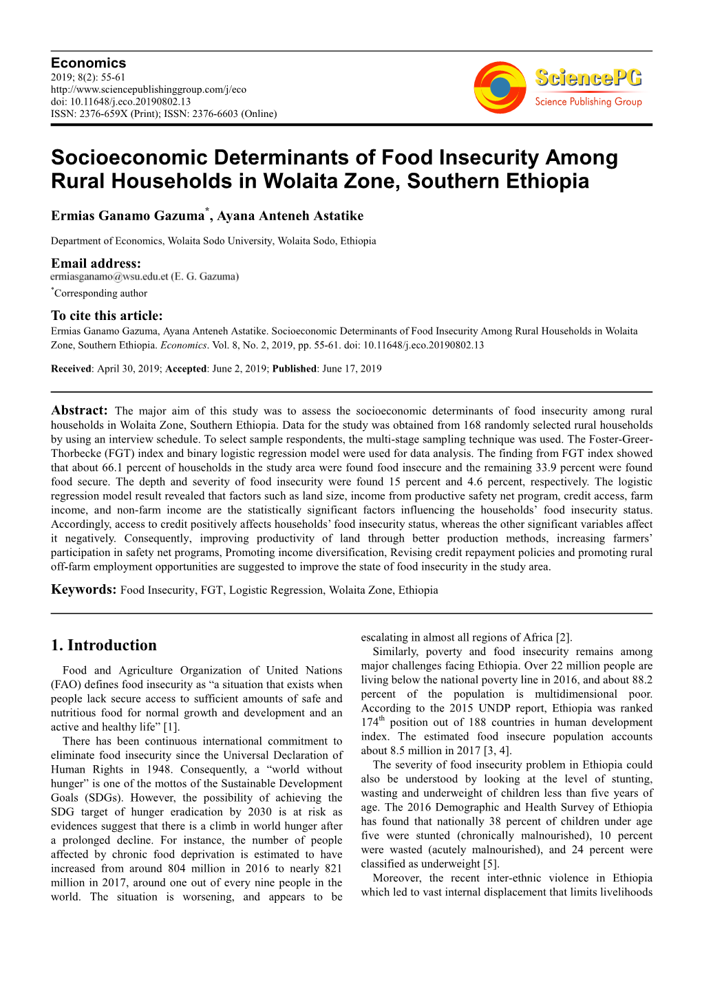 Socioeconomic Determinants of Food Insecurity Among Rural Households in Wolaita Zone, Southern Ethiopia