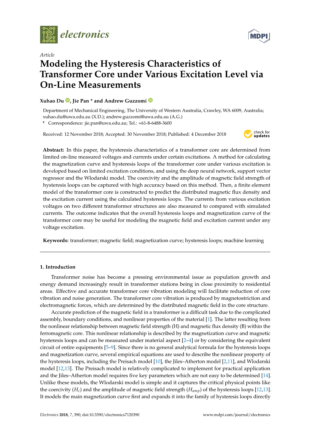 Modeling the Hysteresis Characteristics of Transformer Core Under Various Excitation Level Via On-Line Measurements