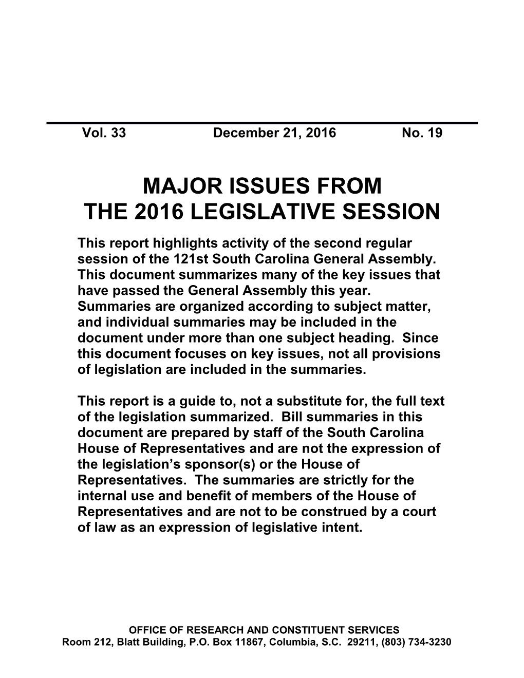 Legislative Update - Vol. 33 No. 19 December 21, 2016 - South Carolina Legislature Online