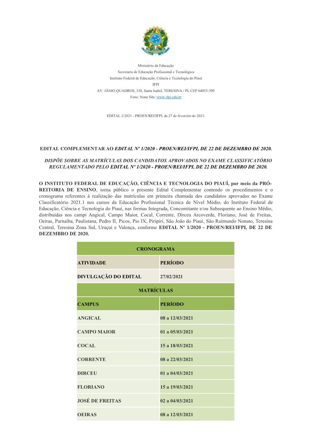 Edital Complementar Ao Edital Nº 1/2020 - Proen/Rei/Ifpi, De 22 De Dezembro De 2020