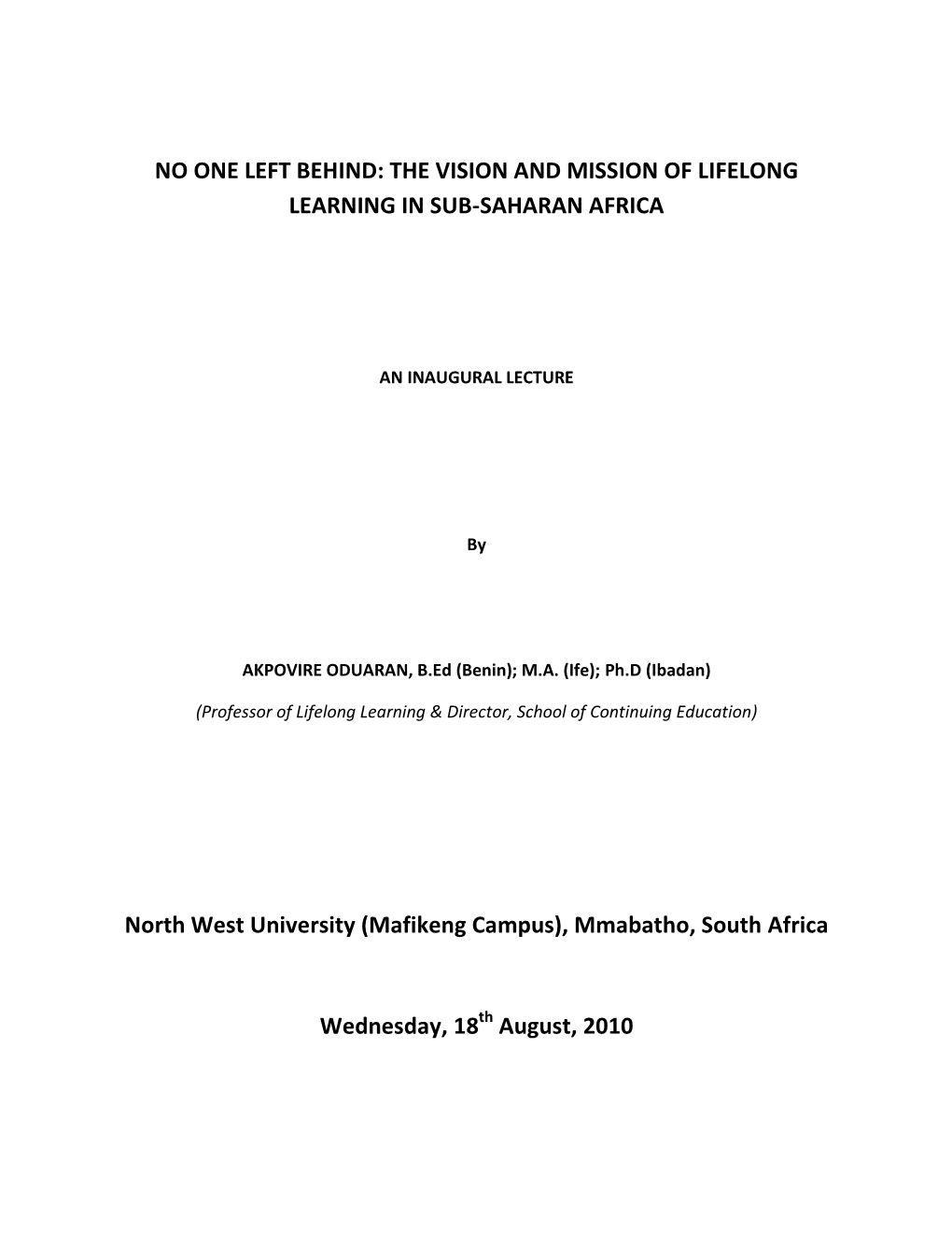 The Mission and Vision of Lifelong Learning in Sub-Saharan Africa
