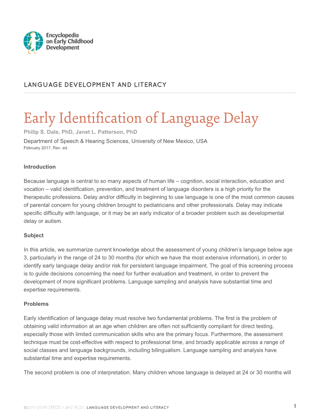 Early Identification of Language Delay Philip S