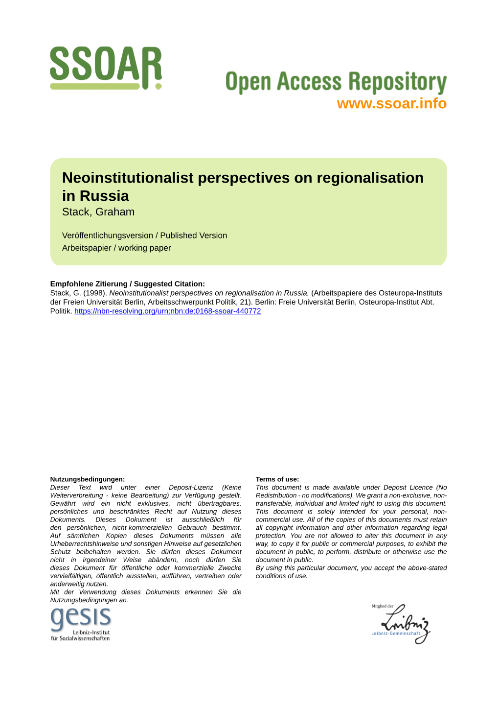 Neoinstitutionalist Perspectives on Regionalisation in Russia Stack, Graham