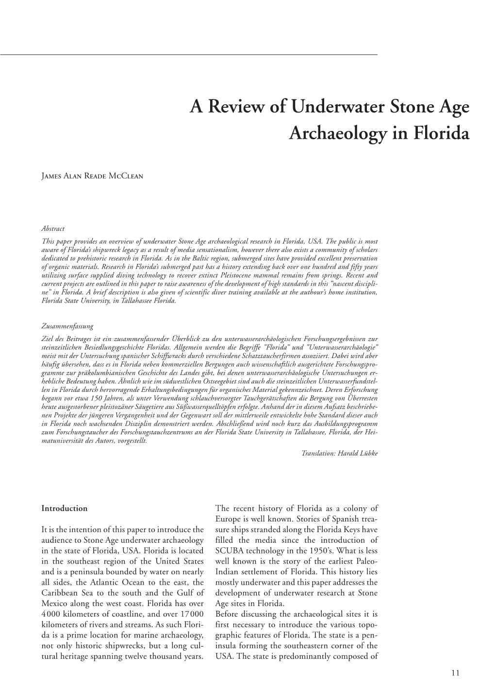 A Review of Underwater Stone Age Archaeology in Florida