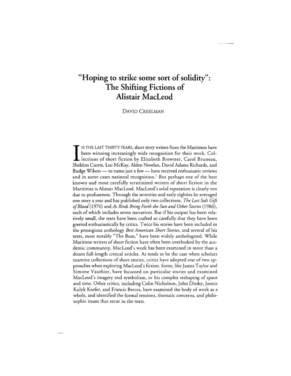 The Shifting Fictions of Alistair Macleod