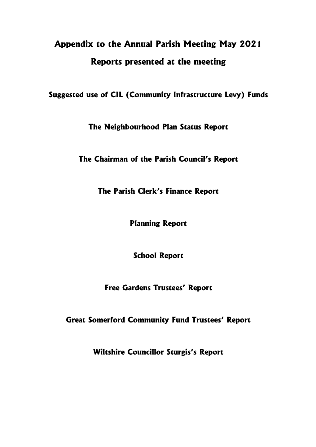 May 2021 Annual Parish Meeting Appendix – Reports Presented At